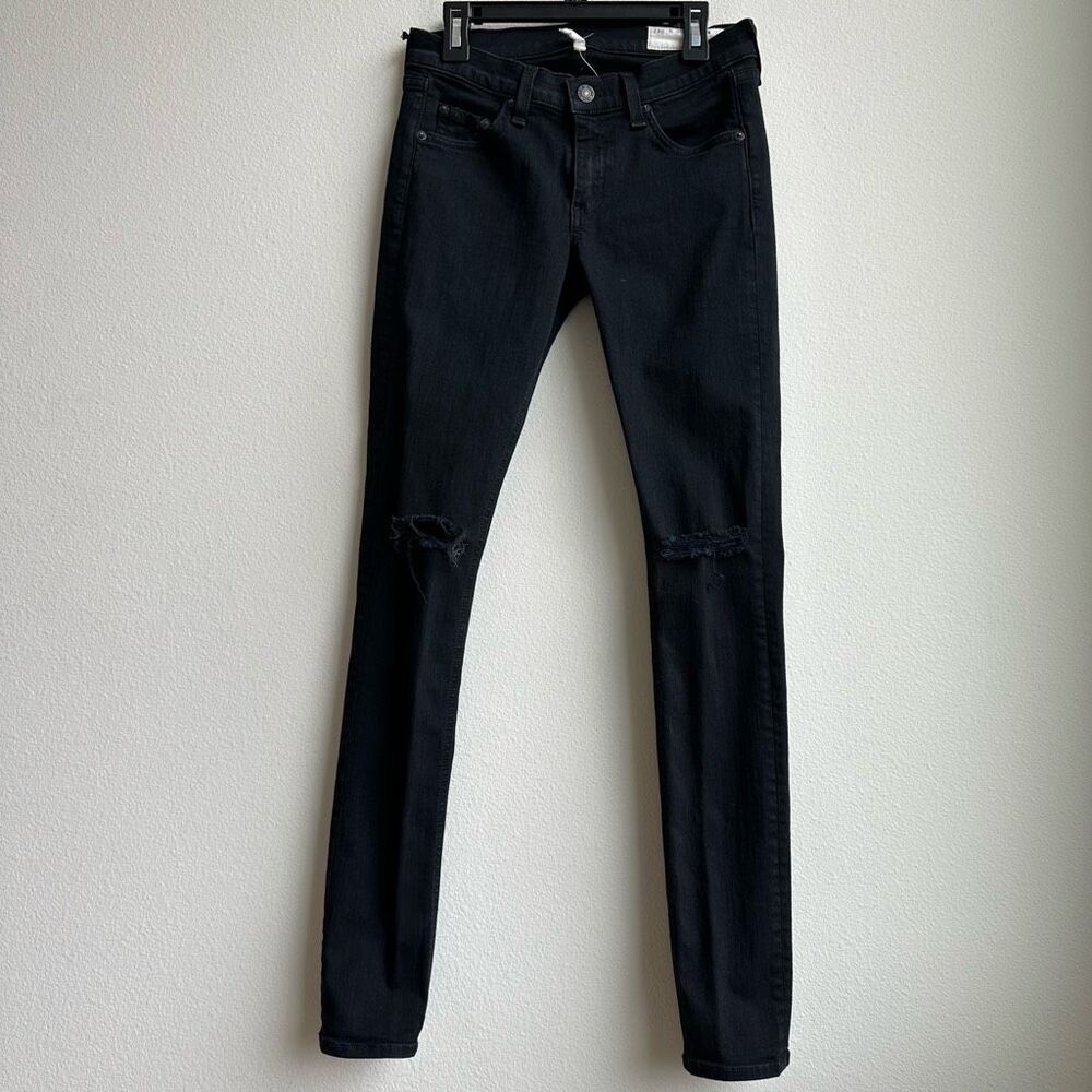 Rag & Bone Women’s Skinny Stretch Mid Rise Black Jeans Size 26 Distressed Knee - Picture 2 of 8